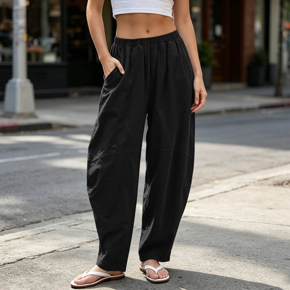 Nmnitkp Linen Pants Women Blend Barrel Lantern Pants High Waisted Elastic Pull On Baggy Harem Casual Pants with Pockets for Vacation Loungewear Daily Travel WearBlack,L