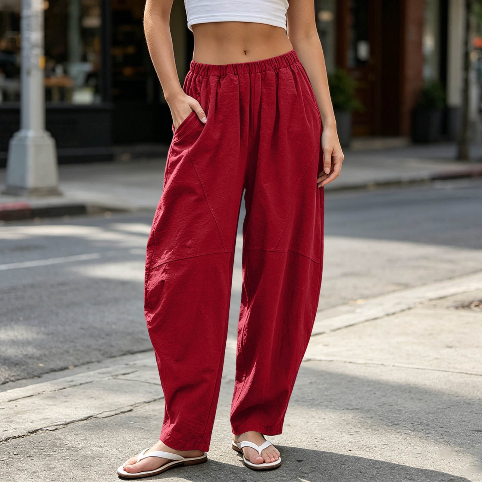 Nmnitkp Linen Pants Women Blend Barrel Lantern Pants High Waisted