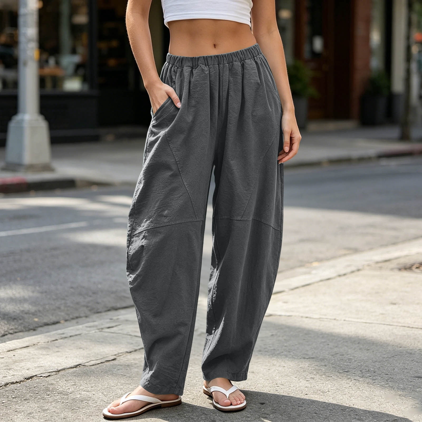 Nmnitkp Linen Pants Women Blend Barrel Lantern Pants High Waisted