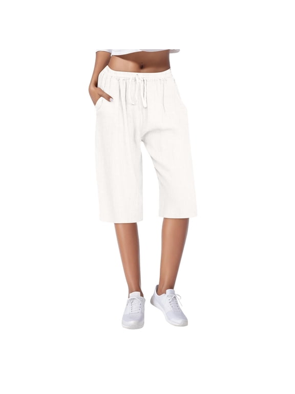 Linen Pants Women Comfortable and Breathable Women's Pants High Waisted Wide Leg Drawstring Casual Loose Trousers with Pockets & Half Length Pants