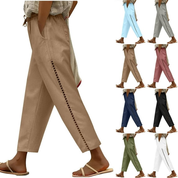Nmnitkp Linen Pants Women Fashion 2026 Casual Lightweight Drawstring Elastic Waist Pants with Pockets Brown,L