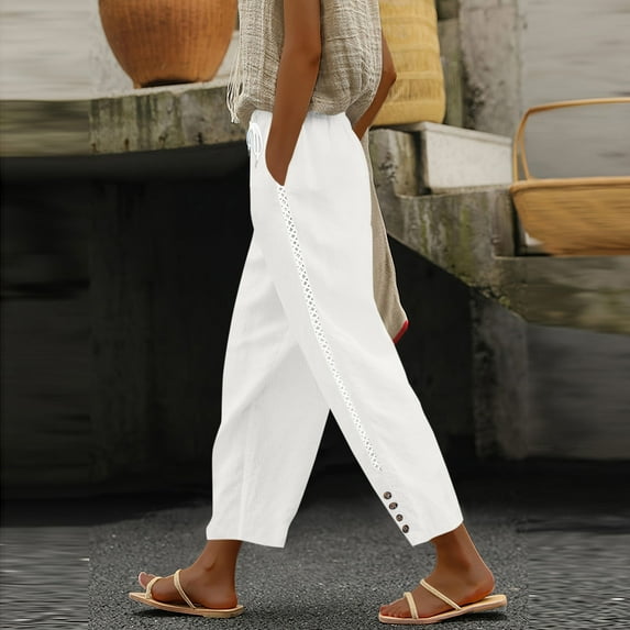 Nmnitkp Linen Pants Women Fashion 2026 Casual Lightweight Drawstring Elastic Waist Pants with Pockets White,2XL
