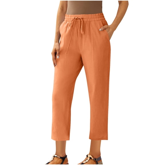 Nmnitkp Linen Pants Women High Cost Performance Linen Pants Wide Leg High Waisted Drawstring Casual Loose Pants with Pockets Orange,L
