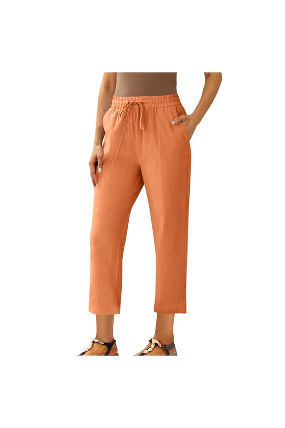 Linen Pants Women High Cost Performance Linen Pants Wide Leg High Waisted Drawstring Casual Loose Pants with Pockets Orange,L