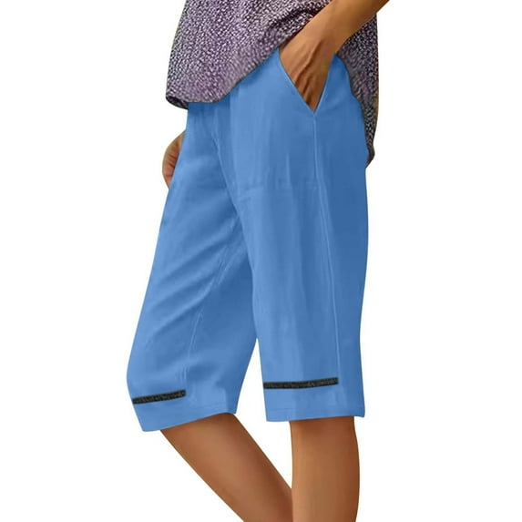 Nmnitkp Linen Pants Women Soft and Skin-Friendly Wide Leg Pants Woman Drawstring Casual Loose Crop Elastic Waist Cotton Beach Pants Culottes Trousers(Half Shorts Pants)