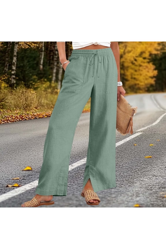 Linen Pants Women Wide Leg Pants, Women's Pants High Waisted Elastic Drawstring Casual Trousers with Pockets, Lightweight Summer Beach Pants Mint Green,M