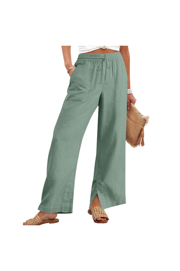 Linen Pants Women Wide Leg Pants, Women's Pants High Waisted Elastic Drawstring Casual Trousers with Pockets, Lightweight Summer Beach Pants Mint Green,S