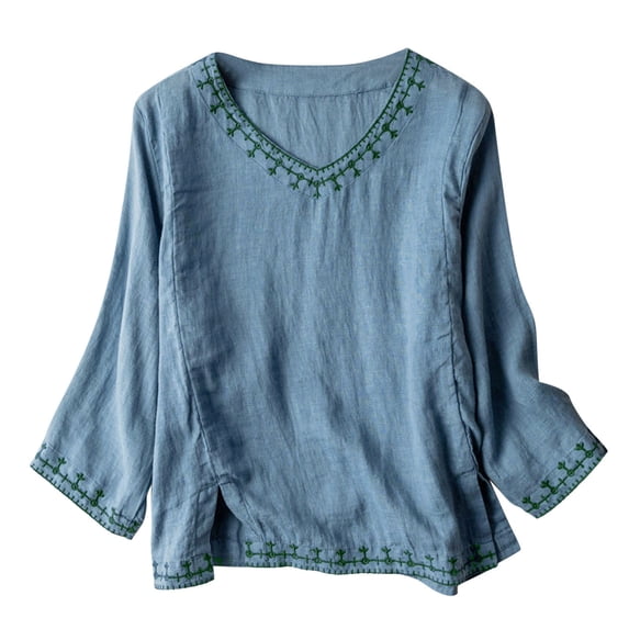 Nmnitkp Linen Shirts for Women Summer Retro Leaf Embroidered V Neck Blouse Loose Tops & Women's Cotton Linen Embroidery Tunic 3/4 Lantern Sleeve Blouses Casual Shirt Tops
