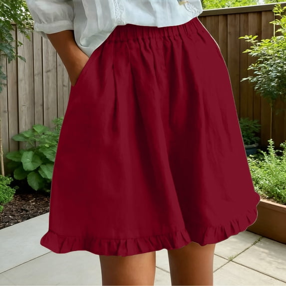Nmnitkp Linen Shorts for Women High Waisted Linen Blend Ruffle Hem Shorts, Elastic Waist Casual Summer Shorts with Pockets for Beach Vacation & Daily Wear Red,2XL