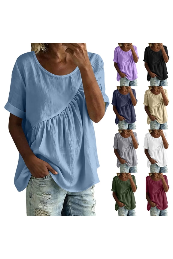 Linen Tops for Women Solid Color Linen Blend Gathered Crew Neck Short Sleeve Blouse, Loose Fit Casual Summer Tops for Daily Wear Blue,S