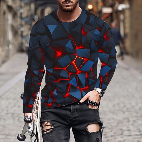 Nmnitkp Long Sleeve Shirt Trendy and Fashionable Graphic Men's Long Sleeve Shirt Round Neck Cross Print Pullover Top High-Quality and Healthy Fabric Men's Long Sleeve Shirt (Plus Size)