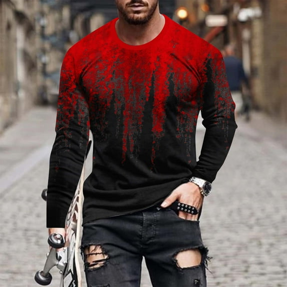 Nmnitkp Long Sleeve Shirt Trendy and Fashionable Graphic Mens Hipster Hip Hop Ripped Round Hemline Pattern Print T Shirt & Soft and Skin-Friendly Men's Long Sleeve Shirt (Plus Size)