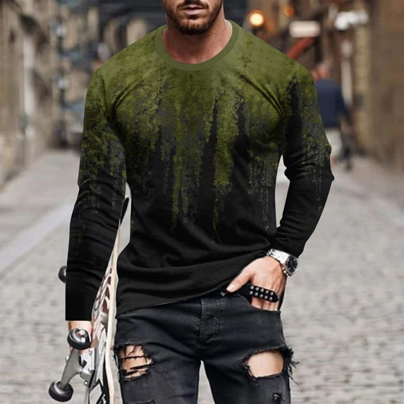Nmnitkp Long Sleeve Shirt Trendy and Fashionable Graphic Mens Hipster Hip Hop Ripped Round Hemline Pattern Print T Shirt & Soft and Skin-Friendly Men's Long Sleeve Shirt (Plus Size)