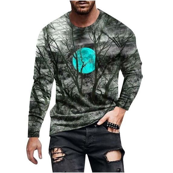Nmnitkp Long Sleeve Shirt Trendy and Fashionable Graphic Mens Hipster Hip Hop Ripped Round Hemline Pattern Print T Shirt & Soft and Skin-Friendly Men's Long Sleeve Shirt (Plus Size)