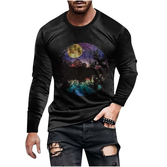 Nmnitkp Long Sleeve Shirt Trendy and Fashionable Graphic Mens Hipster Hip Hop Ripped Round Hemline Pattern Print T Shirt & Soft and Skin-Friendly Men's Long Sleeve Shirt (Plus Size)