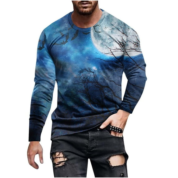 Nmnitkp Long Sleeve Shirt Trendy and Fashionable Graphic Mens Hipster Hip Hop Ripped Round Hemline Pattern Print T Shirt & Soft and Skin-Friendly Men's Long Sleeve Shirt (Plus Size)