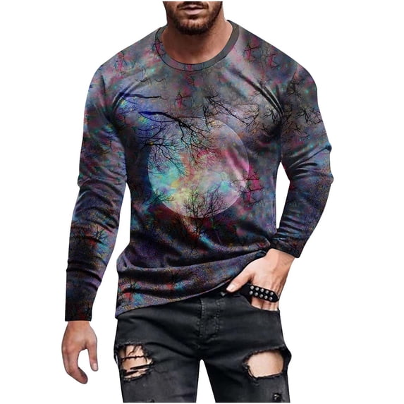 Nmnitkp Long Sleeve Shirt Trendy and Fashionable Graphic Mens Hipster Hip Hop Ripped Round Hemline Pattern Print T Shirt & Soft and Skin-Friendly Men's Long Sleeve Shirt (Plus Size)