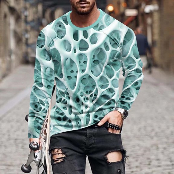 Nmnitkp Long Sleeve Shirt Trendy and Fashionable Graphic Mens Hipster Hip Hop Ripped Round Hemline Pattern Print T Shirt & ​​Soft and Skin-Friendly Men's Long Sleeve Shirt (Plus Size)