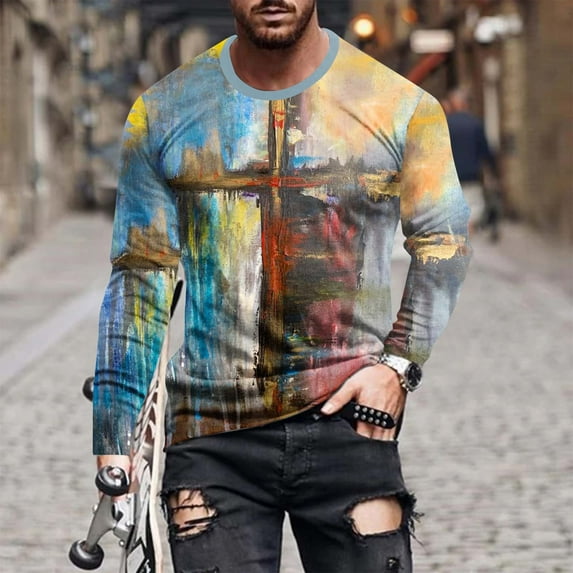 Nmnitkp Long Sleeve Shirt Trendy and Fashionable Graphic Sleeve Round Neck Cross Print Pullover Top High-Quality and Healthy Fabric Men's Long Sleeve Shirt (Plus Size)