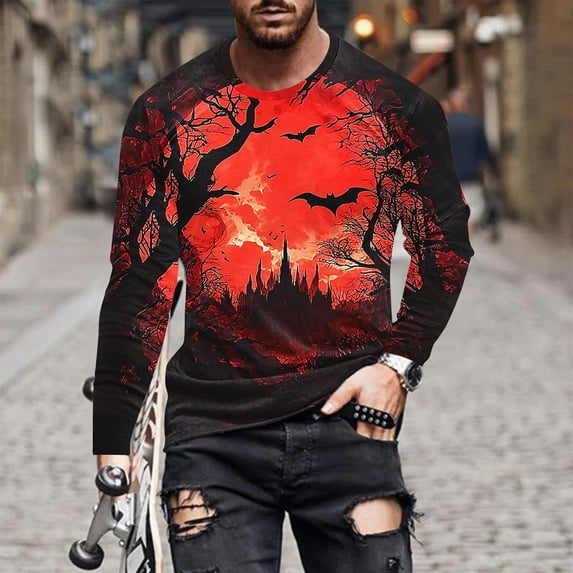Nmnitkp Long Sleeve Shirts for Men Comfortable Mens Sweatshirt Casual Round Neck Long Sleeve Pullover Halloween Printed T-Shirt Casual Blouse Tops Red,4XL