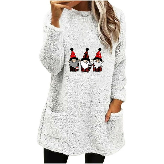 Nmnitkp Long Sleeve Shirts for Wome Soft and Comfortable Double Face Wool Women's Round Christmas Printed Long Sleeve Thickened Thermal Top & Christmas Blouses with Pockets