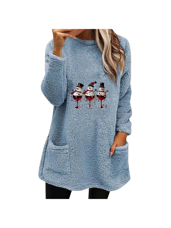 Long Sleeve Shirts for Wome Soft and Comfortable Double Face Wool Women's Round Christmas Printed Long Sleeve Thickened Thermal Top & Christmas Blouses with Pockets