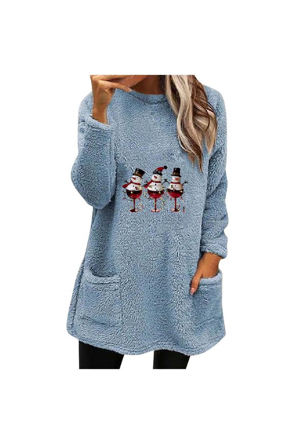 Long Sleeve Shirts for Wome Soft and Comfortable Double Face Wool Women's Round Christmas Printed Long Sleeve Thickened Thermal Top & Christmas Blouses with Pockets