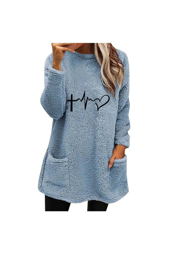 Long Sleeve Shirts for Wome Soft and Comfortable Double Face Wool Women's Round Love Printed Loose Long Sleeve Thickened Thermal Top & Christmas Blouses with Pockets