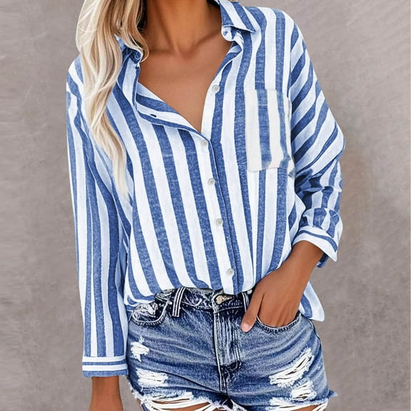 Nmnitkp Long Sleeve Shirts for Women High-Quality Fabric,Women's Tops Button Down Striped Shirts Drop Shoulder Blouse Oversized Shirt with Pocket Blue,2XL