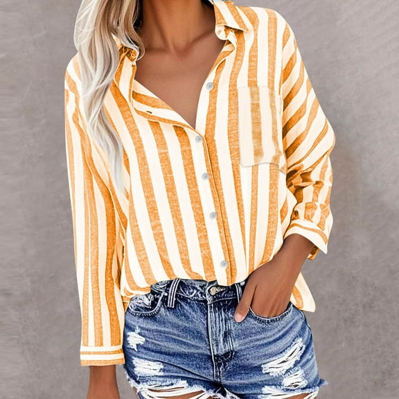 Nmnitkp Long Sleeve Shirts for Women High-Quality Fabric,Women's Tops Button Down Striped Shirts Drop Shoulder Blouse Oversized Shirt with Pocket Yellow,S