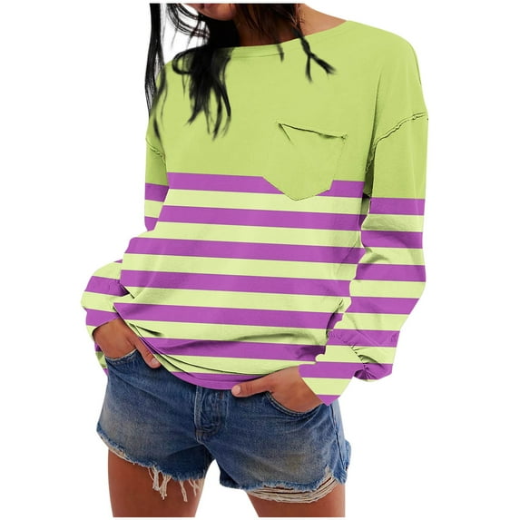 Nmnitkp Long Sleeve Shirts for Women Soft Colouring/Stripes Womens Crewneck Long Sleeve Sweatshirts Longsleeve Casual Pullover Tops Loose Shirt High Quality Fabric Womens Tops with Pockets