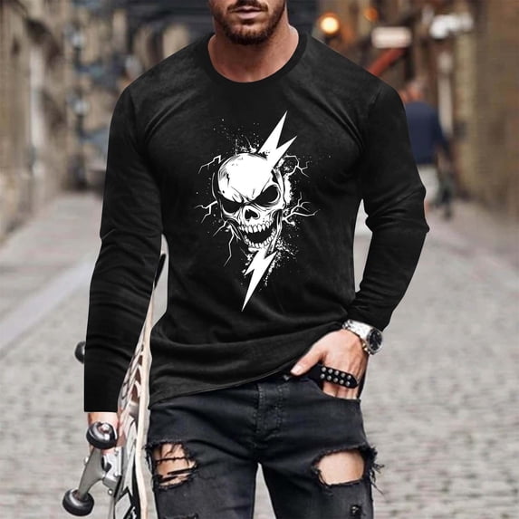 Nmnitkp Long Sleeve Shirts for Men Fashionable Halloween Printed Sporty Round-Neck Casual Top Black,2XL