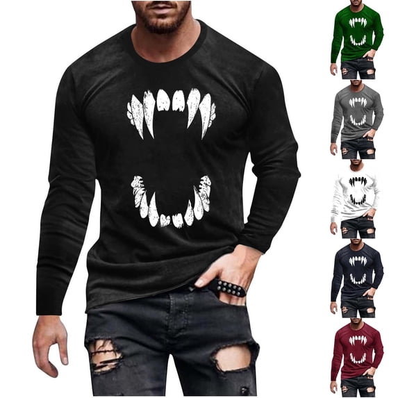Nmnitkp Long Sleeve Shirts for Men Fashionable Halloween Printed Sporty Round-Neck Casual Top Navy,L