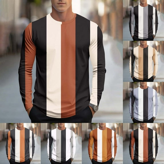 Nmnitkp Long Sleeve Shirts for Men Striped Long Sleeved T-Shirt for Men Spring Casual T-Shirt for Men Retro Autumn Pullover Stripe Tee Shirt Brown,L