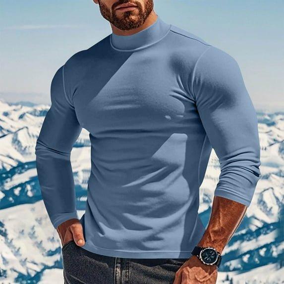 Nmnitkp Long Sleeve Shirts for Men Winter Solid Color Medium High Neck Design Round Neck Top Mens Sweatshirt Light Blue,2XL