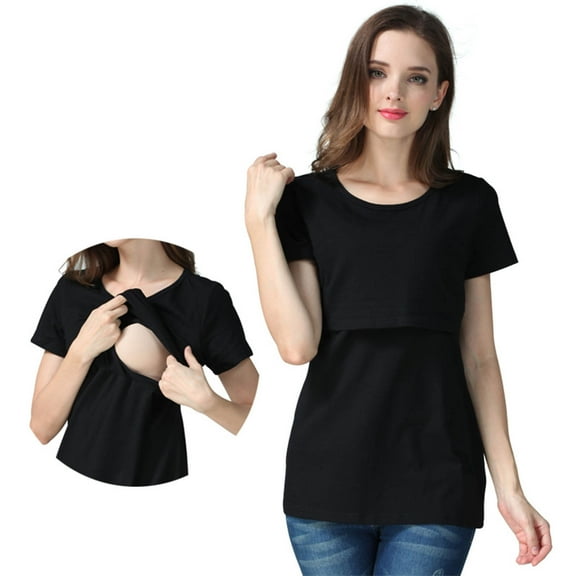 Nmnitkp Maternity Clothes Healthy Fabric Cotton Women Short Sleeve Nursing Tops for Breastfeeding T Shirts Summer Maternity Nursing Shirt Clothes Black,2XL