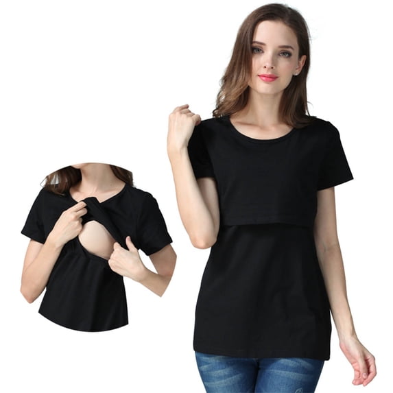 Nmnitkp Maternity Clothes Healthy Fabric Cotton Women Short Sleeve Nursing Tops for Breastfeeding T Shirts Summer Maternity Nursing Shirt Clothes Black,M