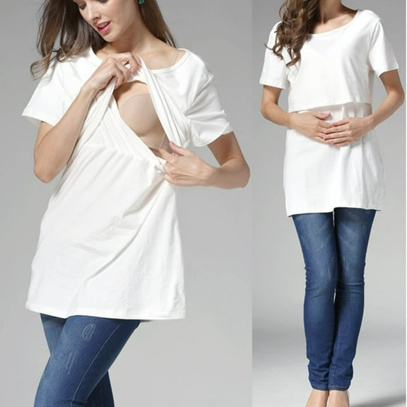 Nmnitkp Maternity Clothes Healthy Fabric Cotton Women Short Sleeve Nursing Tops for Breastfeeding T Shirts Summer Maternity Nursing Shirt Clothes White,XL
