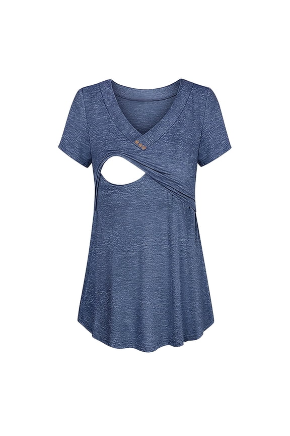 Maternity Clothes,Maternity Shirts Healthy Fabric Nursing Tops Double Layer Breastfeeding Shirts Short Sleeve Maternity Tops Blue,S