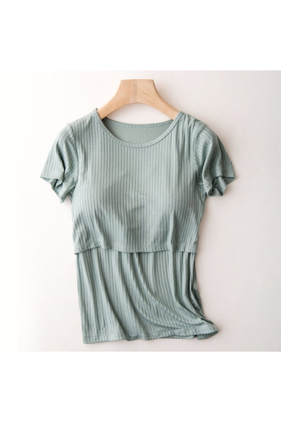 Maternity Clothes,Women's Maternity Shirts Short Sleeve Side Ruched Stretchy Round Neck Pregnancy Tops Green,L