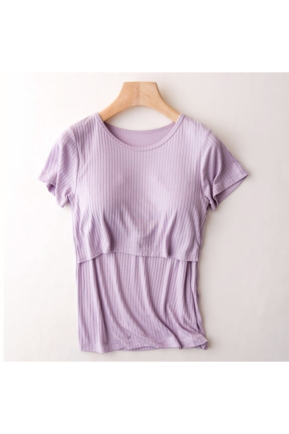 Maternity Clothes,Women's Maternity Shirts Short Sleeve Side Ruched Stretchy Round Neck Pregnancy Tops Purple,L