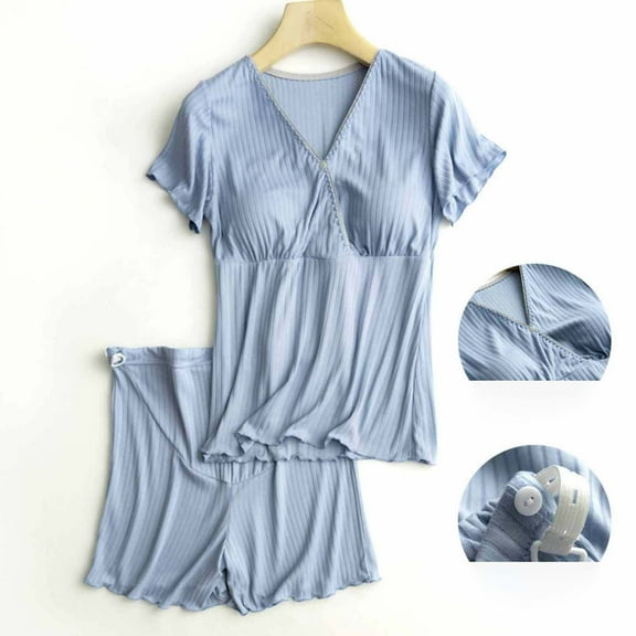 Nmnitkp Maternity Clothes,Womens Maternity Pajamas Nursing Pjs for Breastfeeding Soft Postpartum Lounge Sets Sleepwear Layer Pregnancy Clothes Blue,M
