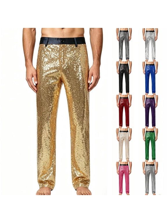 Nmnitkp Men Sequin Straight‑Leg Dress Pants Glitter Sparkly Suit Trousers Button Zipper Closure For Party Stage Performance Halloween Christmas Night Club Costume Events Gold,2XL