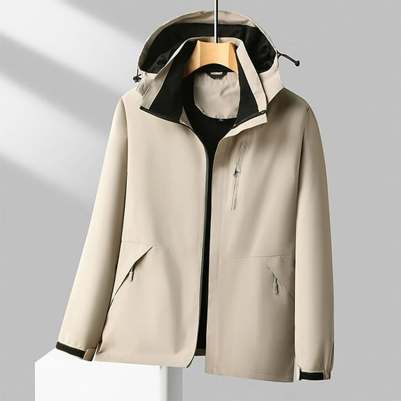 Nmnitkp Men Solid-Color Fashionable Zipper Pocket Double-sided Detachable Hat Long Sleeve Hooded Casual Outwear Rain Coat Waterproof Rain Coat Windbreaker Beige,4XL
