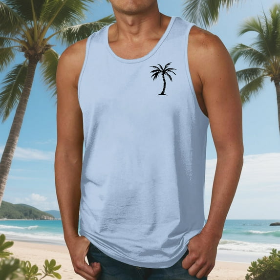 Nmnitkp Men Tank Top Beach,Mens Tank Tops Summer Hawaii Vacation Plam Tree Graphic Workout Muscle Sleeveless Shirts for Men Light Blue,4XL
