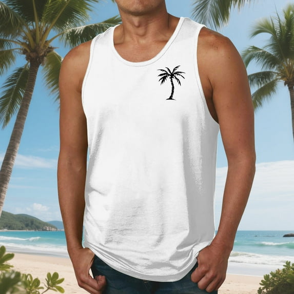 Nmnitkp Men Tank Top Beach,Mens Tank Tops Summer Hawaii Vacation Plam Tree Graphic Workout Muscle Sleeveless Shirts for Men White,M