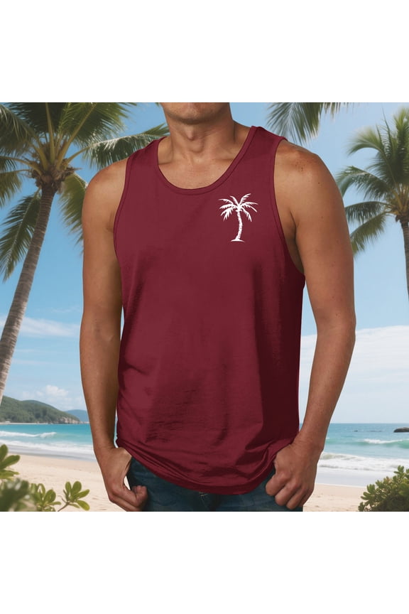 Men Tank Top Beach,Mens Tank Tops Summer Hawaii Vacation Plam Tree Graphic Workout Muscle Sleeveless Shirts for Men Wine,XL