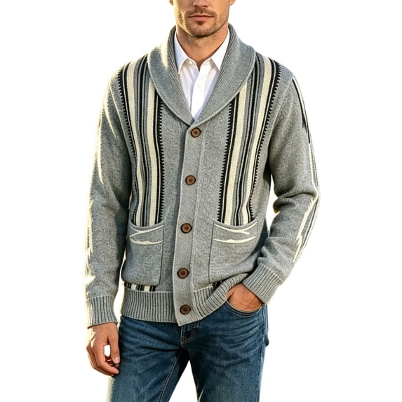 Nmnitkp Men's Fall Jackets Shawl Collar Button‑Front Knit Cardigan Jacket Western Geometric Striped Long Sleeve Sweater Coat Pockets Knit Outerwear for Casual Daily Wear Gray,2XL