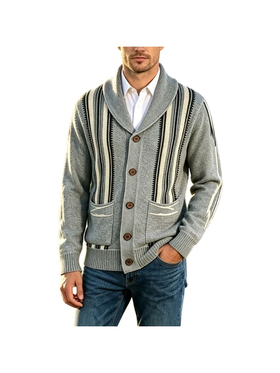 Men's Fall Jackets Shawl Collar Button‑Front Knit Cardigan Jacket Western Geometric Striped Long Sleeve Sweater Coat Pockets Knit Outerwear for Casual Daily Wear Gray,S