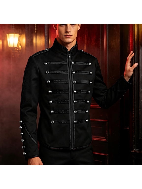 Men's Gothic Military Band Jacket Stand Collar Steam‑Punk Decorative Button Trim Outerwear for Halloween Party Stage Performance Cos Gathering Black,4XL